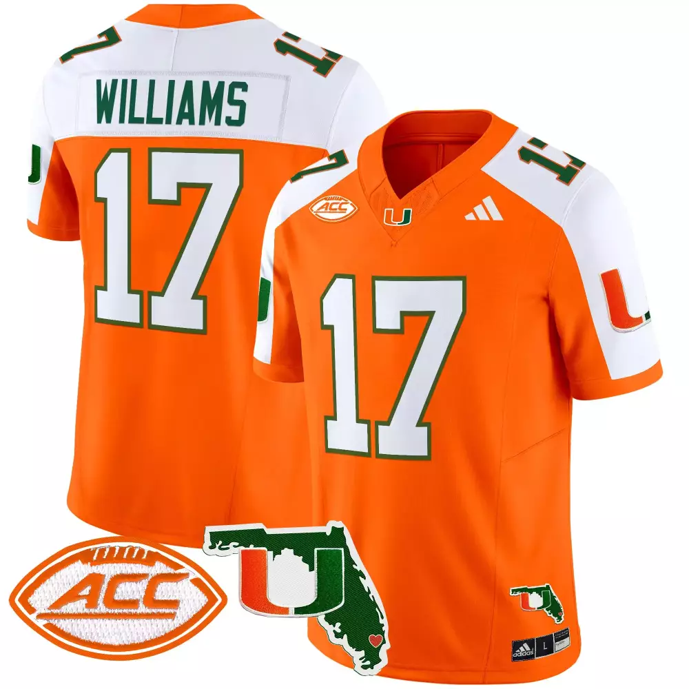 Williams 17 Miami Hurricanes Jersey Orange Florida Outline Men White Green Stitched