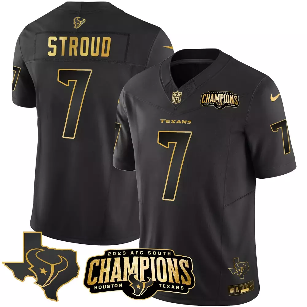 C.j. Stroud 7 Houston Texans Jersey Black 2023 AFC South Champions Men Game Gold