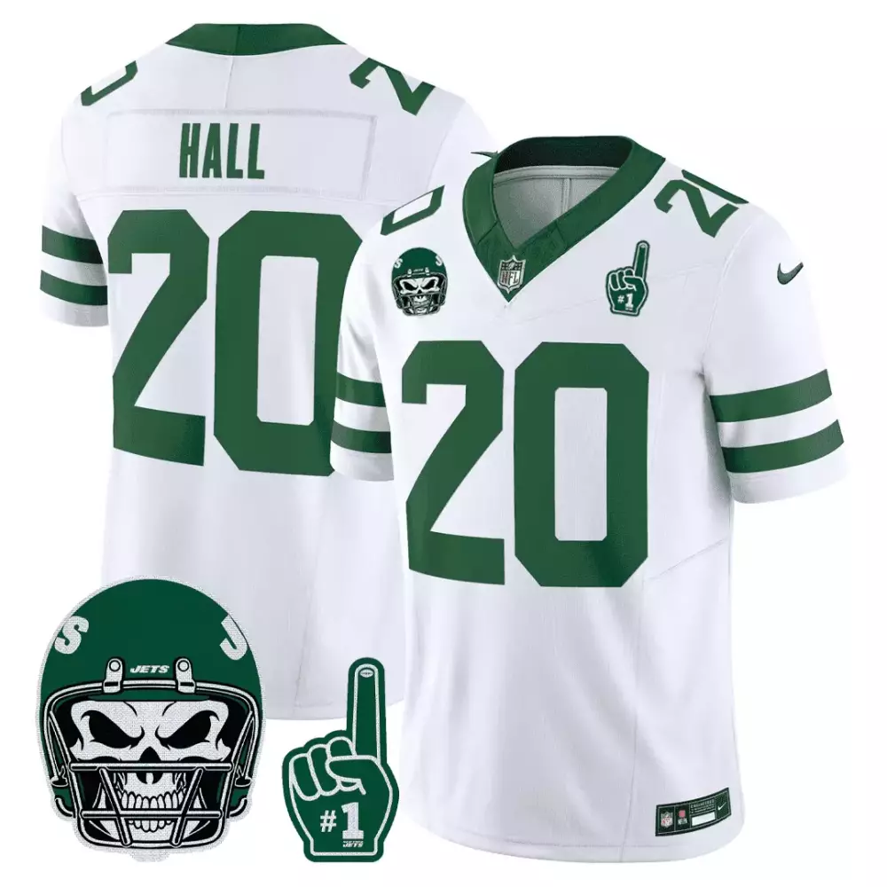 Breece Hall 20 Jets Jersey White Skull Helmet #1 Foam Finger Men Green Throwback