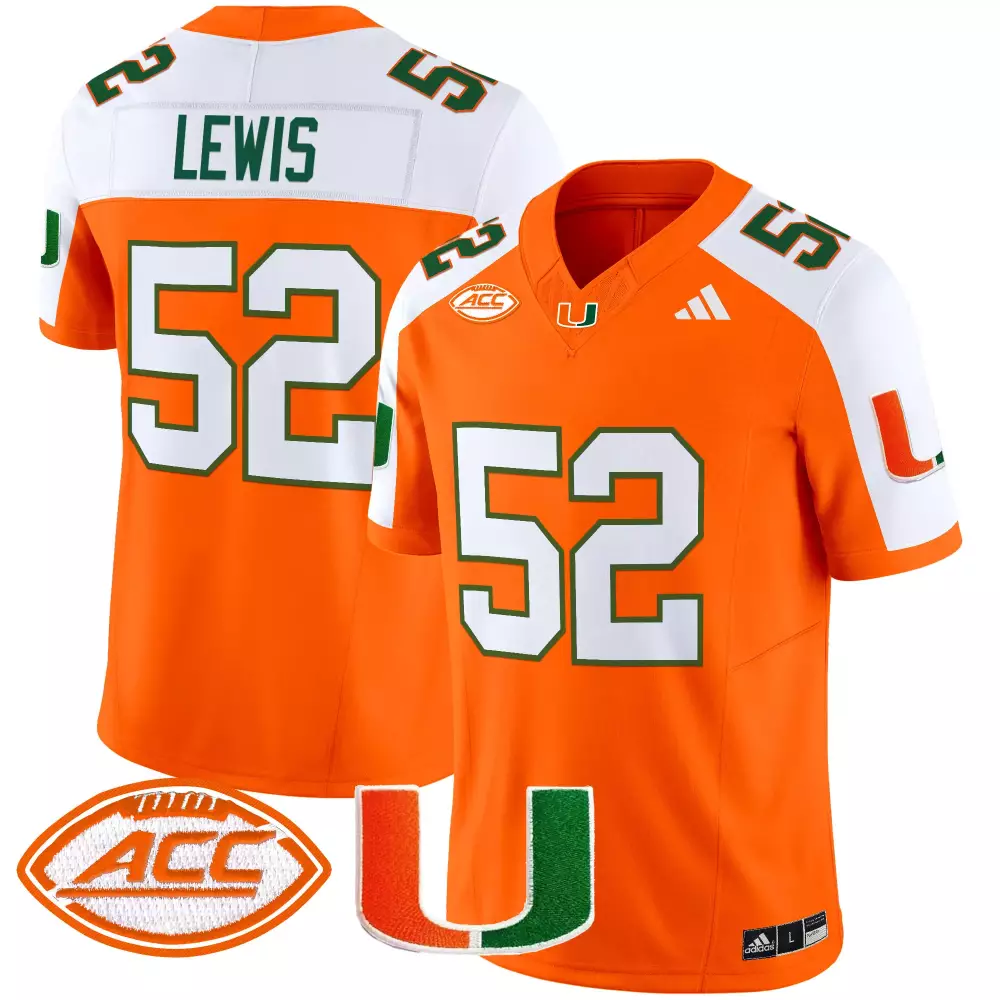 Lewis ACC 52 Miami Hurricanes Jersey Orange Men White Green Vapor All Stitched
