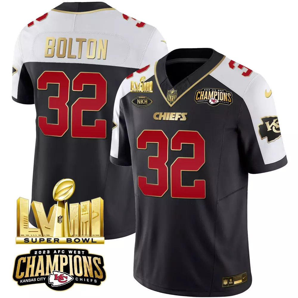 Bolton Male 32 Kansas City Chiefs Jersey Black 2023 AFC West Champions Super Bowl Lviii