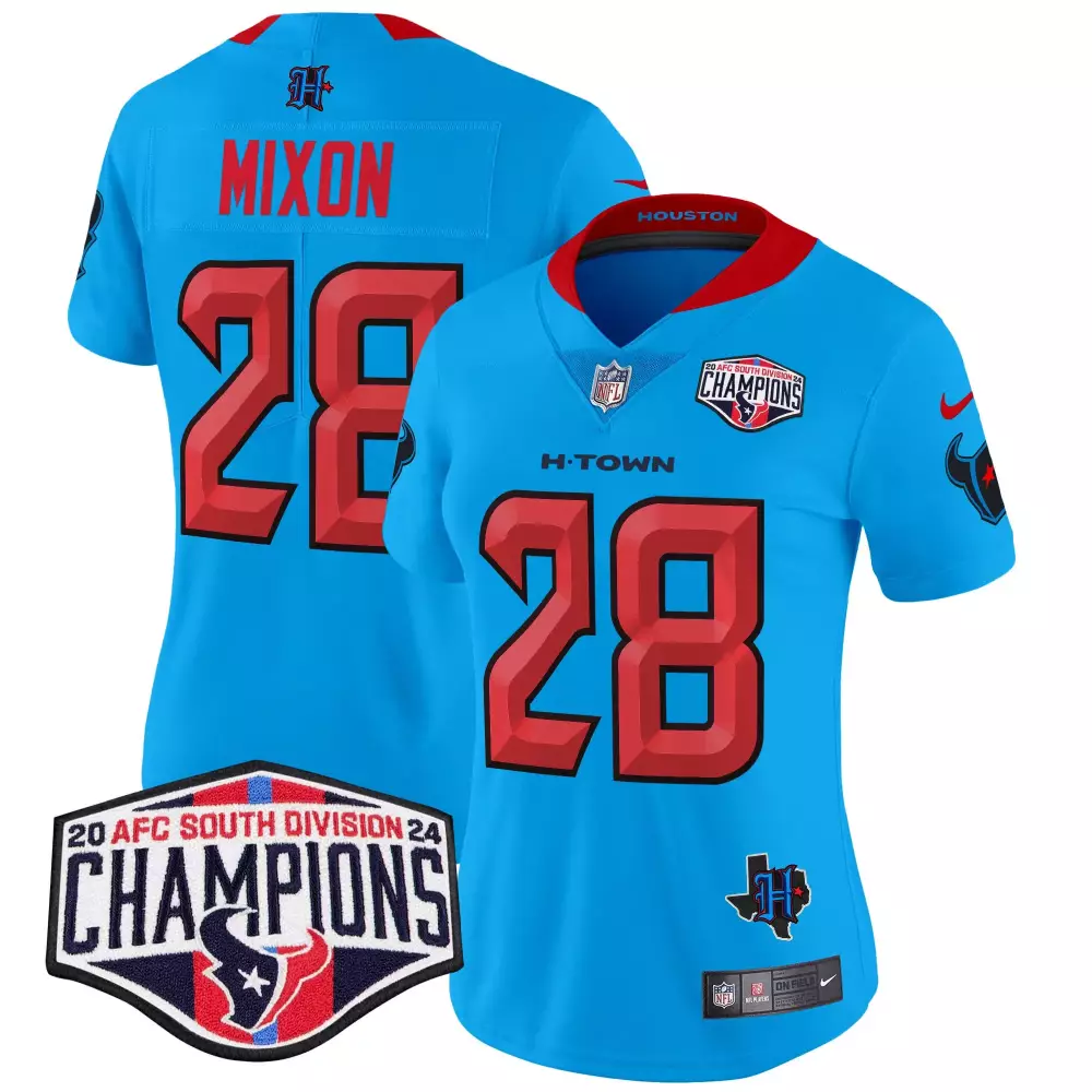 Joe Mixon 28 Houston Texans Jersey Bright Blue AFC South Division Champions 2024