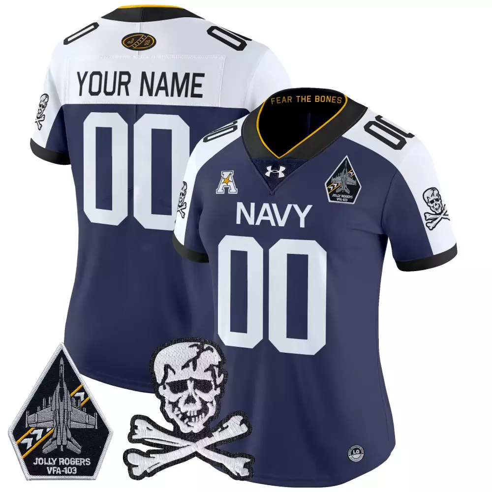 Custom Navy Jersey Jolly Rogers VFA-103 Skull Crossbones White Gold Vapor All Stitched