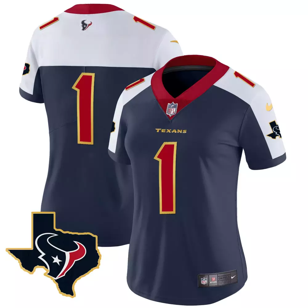 Custom Texans 1 Jersey Navy Women Red White Yellow Stitched