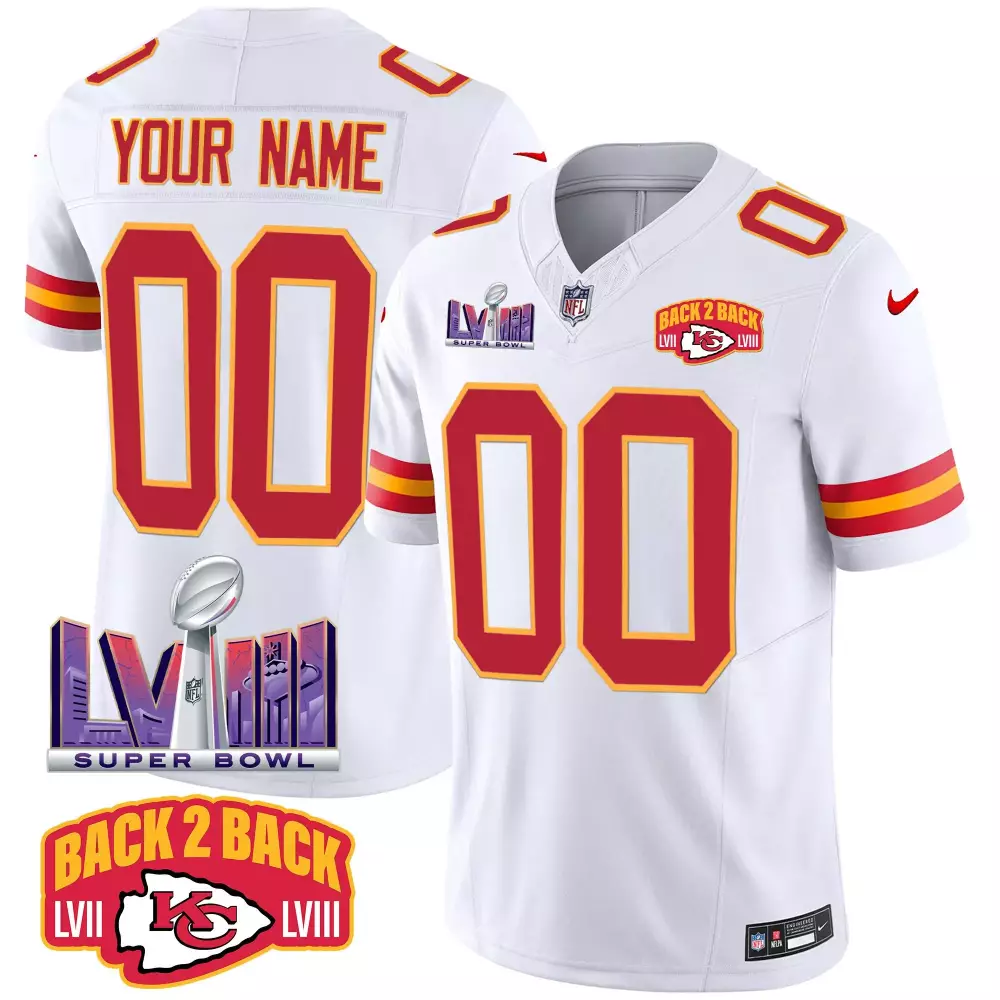 Custom Kansas City Chiefs Jersey White Back 2 Super Bowl Lviii Men NFL Alternate