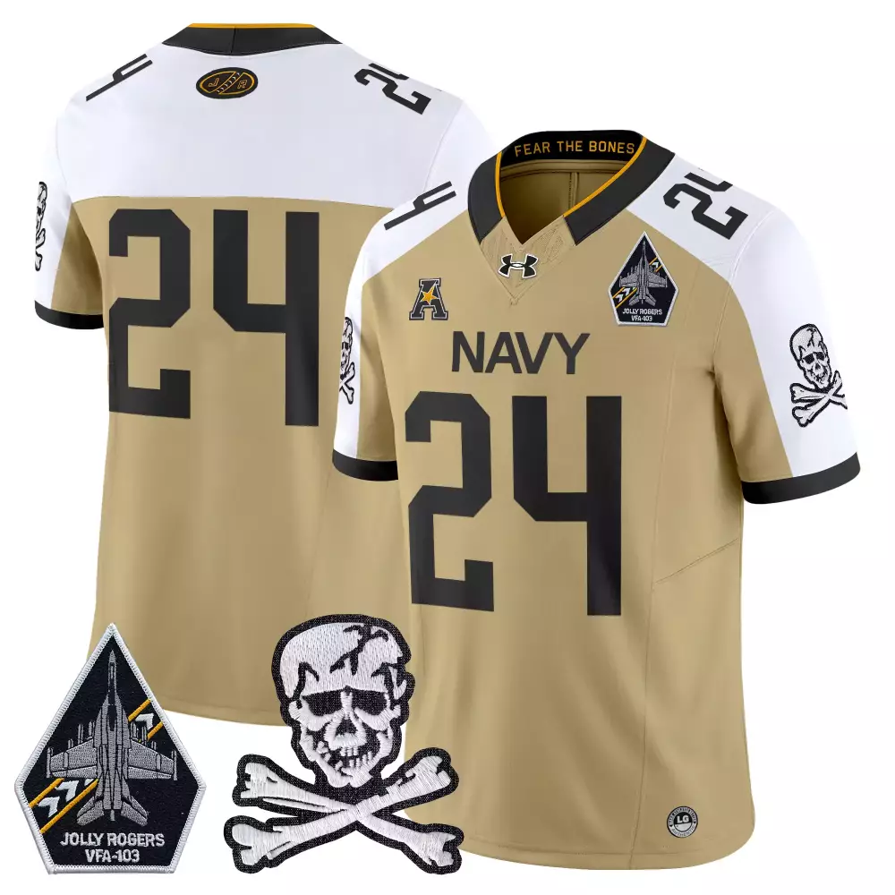 Custom Navy 24 Jersey Tan Jolly Rogers VFA-103 Skull Crossbones White Black Vapor