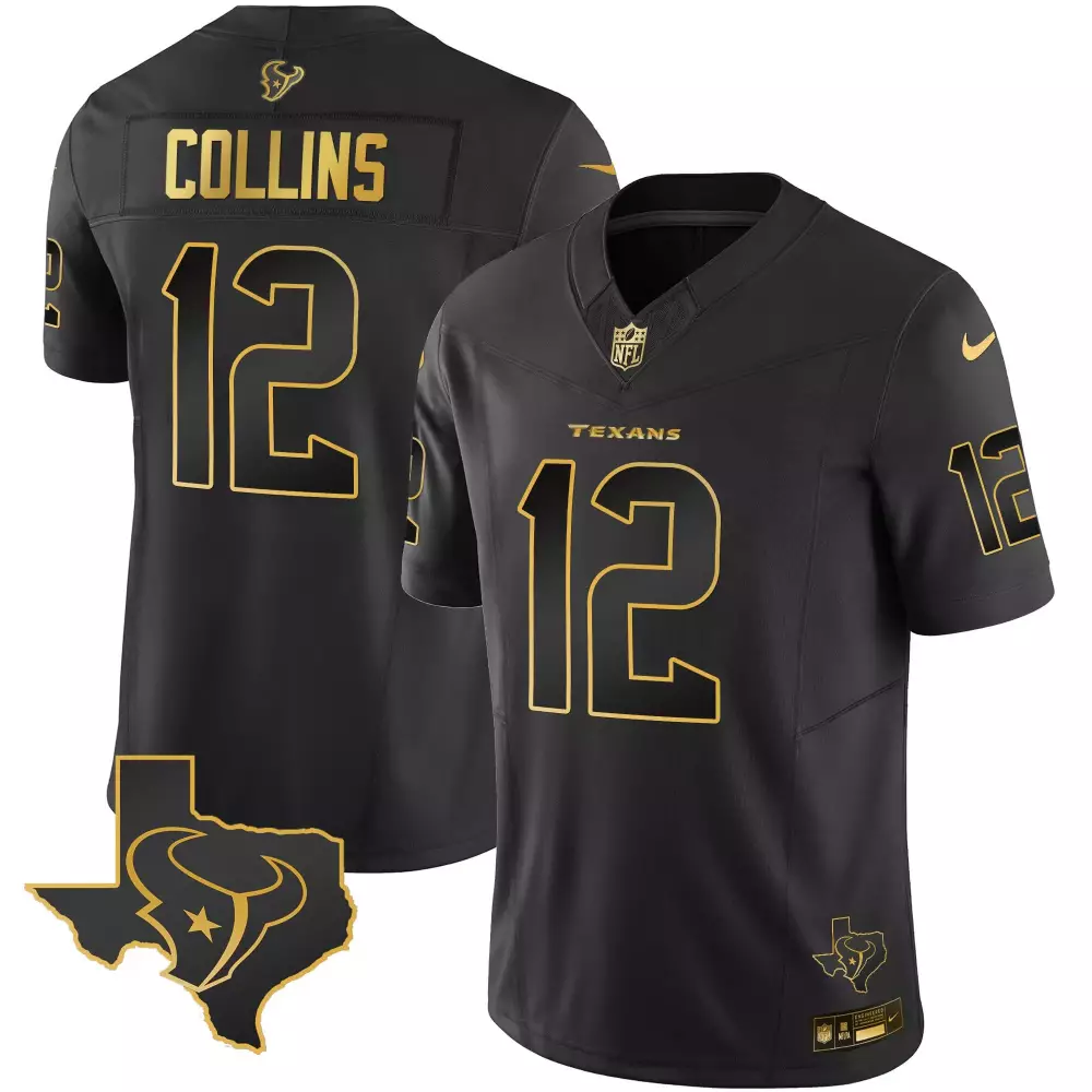 Nico Collins 12 Texans Jersey Black Men Gold Vapor Limited All Stitched