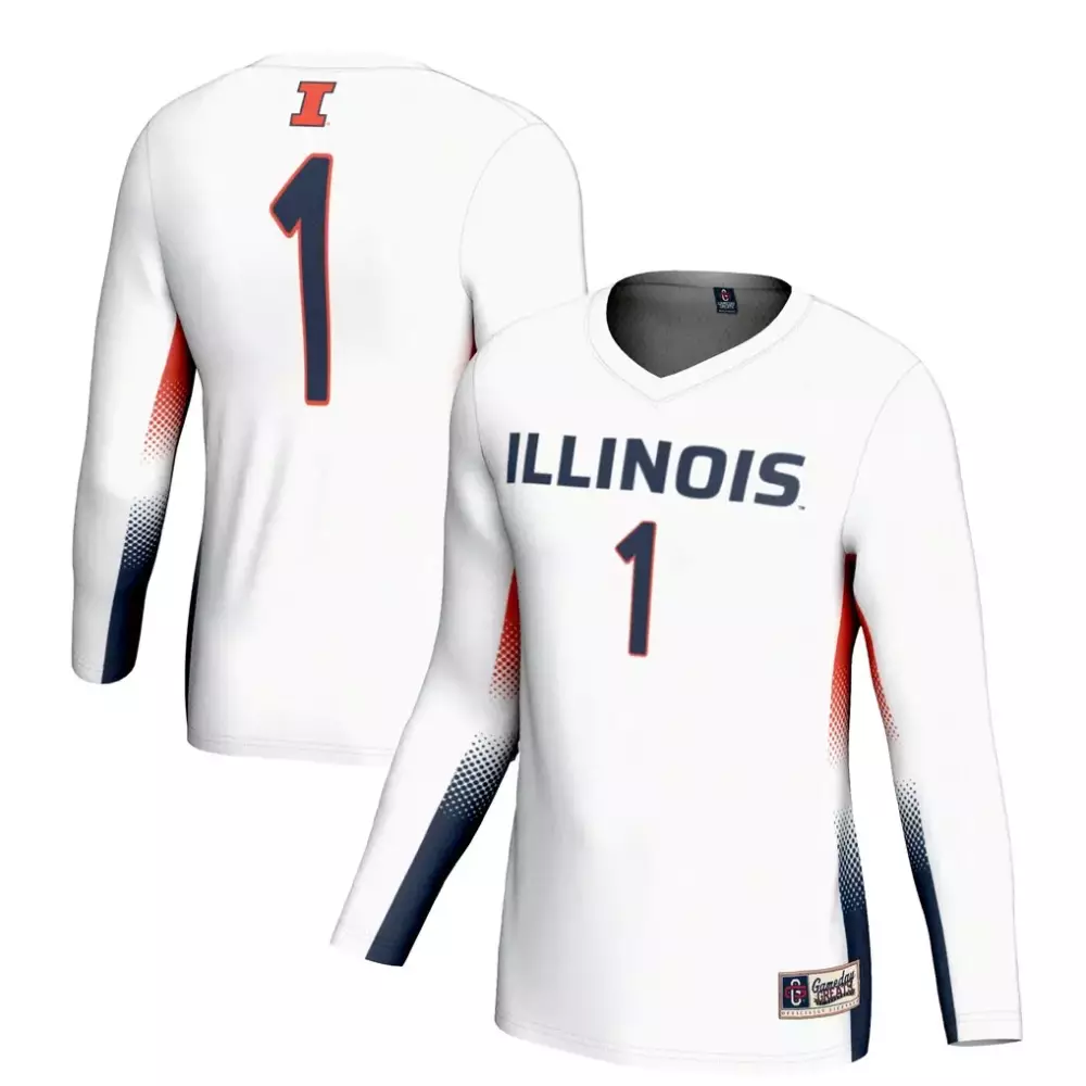 Illinois Fighting Illini 1 Jersey White Long Sleeve T-shirt Split Design Navy Orange