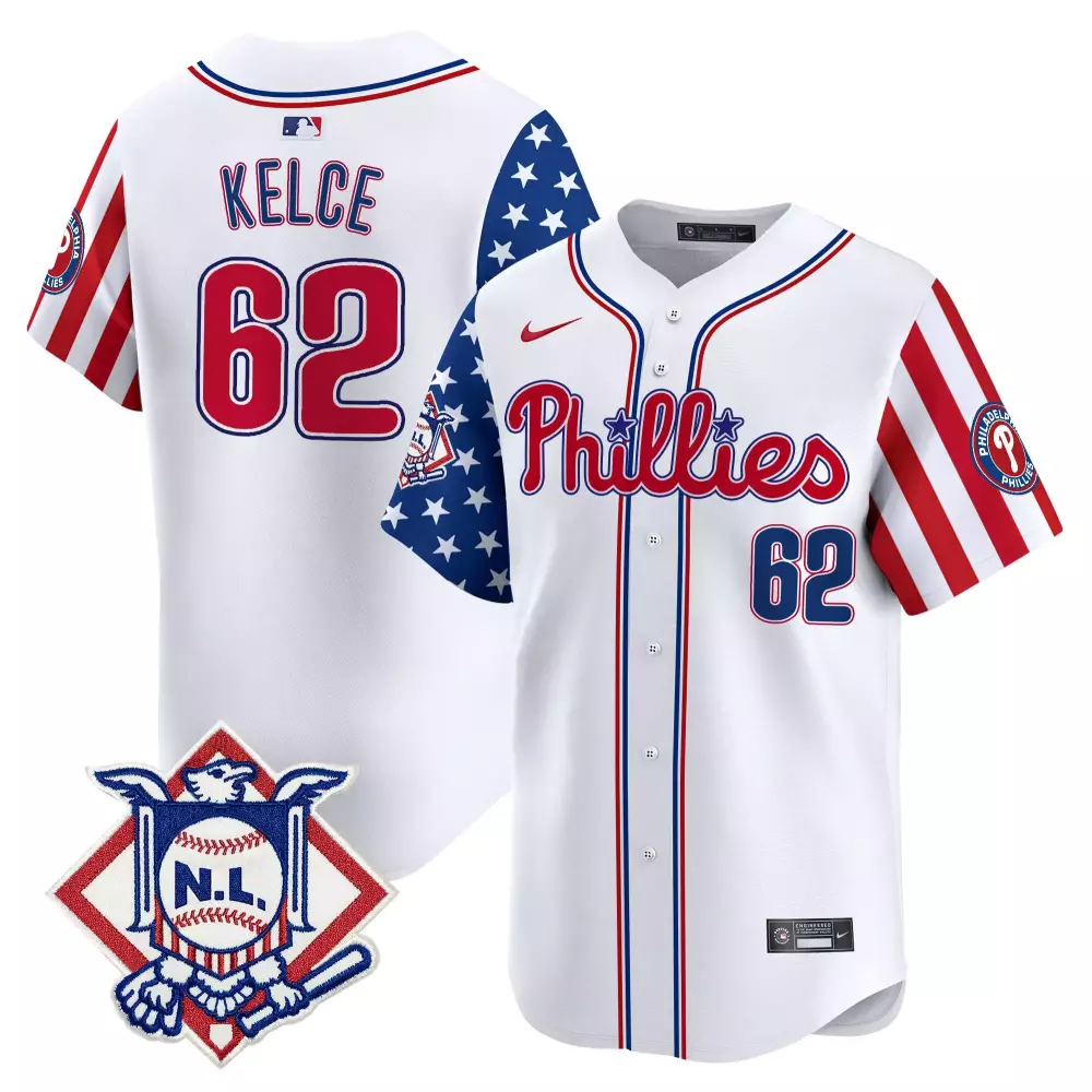 Jason Kelce 62 Phillies Jersey White Nl Men Split Custom Design Red Blue Vapor Premier