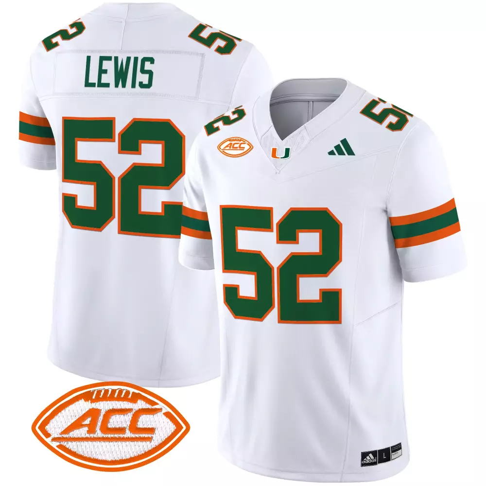 Lewis ACC 52 Miami Hurricanes Jersey White Men Green Orange Vapor All Stitched