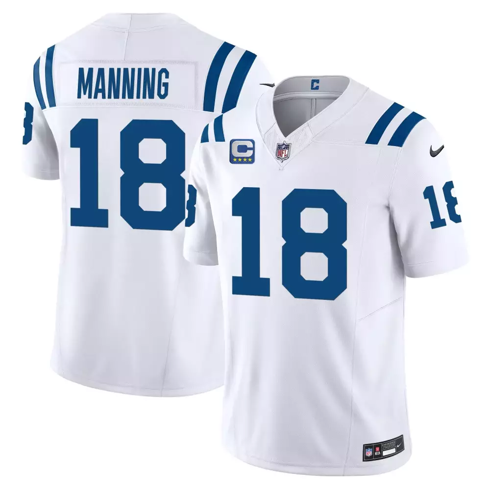 Peyton Manning 18 Jersey White Indianapolis Colts Captain Men Authentic Blue Vapor