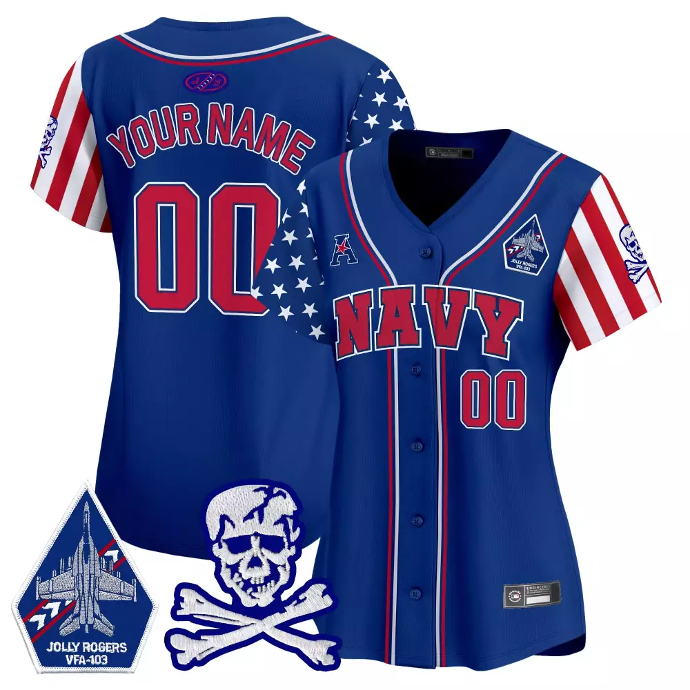 Custom Navy Jersey Blue Jolly Rogers VFA-103 Skull Crossbones Women Split Design