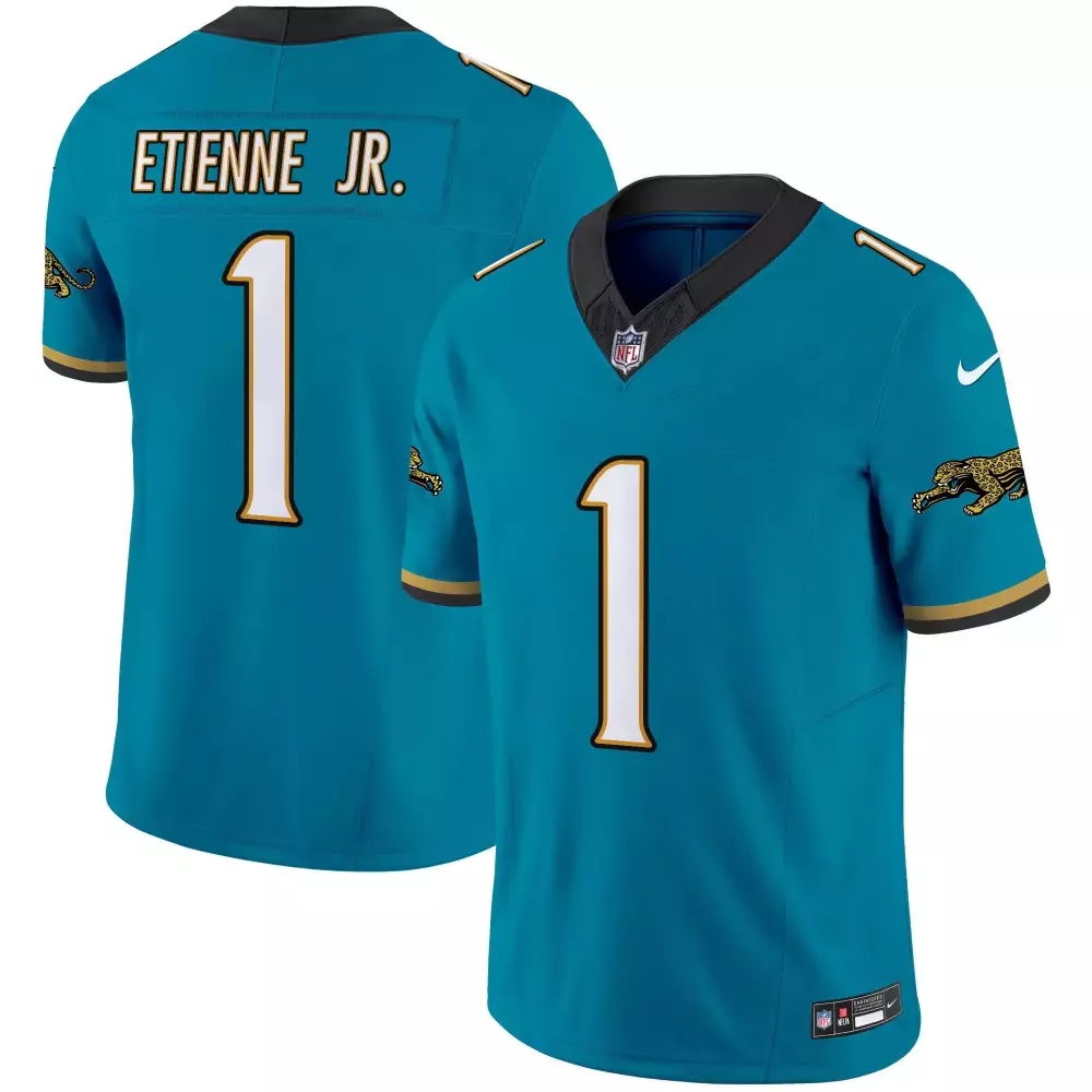 Travis Etienne Jr. 1 Jersey Teal Jacksonville Jaguars Men Replica Black Gold Throwback