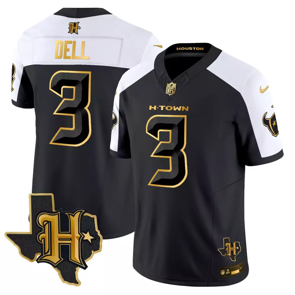 Tank Dell 3 Houston Texans Jersey Black H-town Bull Texas Men NFL White Gold Alternate