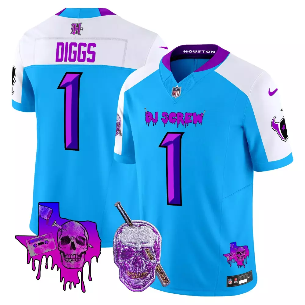 Stefon Diggs 1 Houston Texans Jersey Blue Dj Screw Skull Straws Men Alternate Split