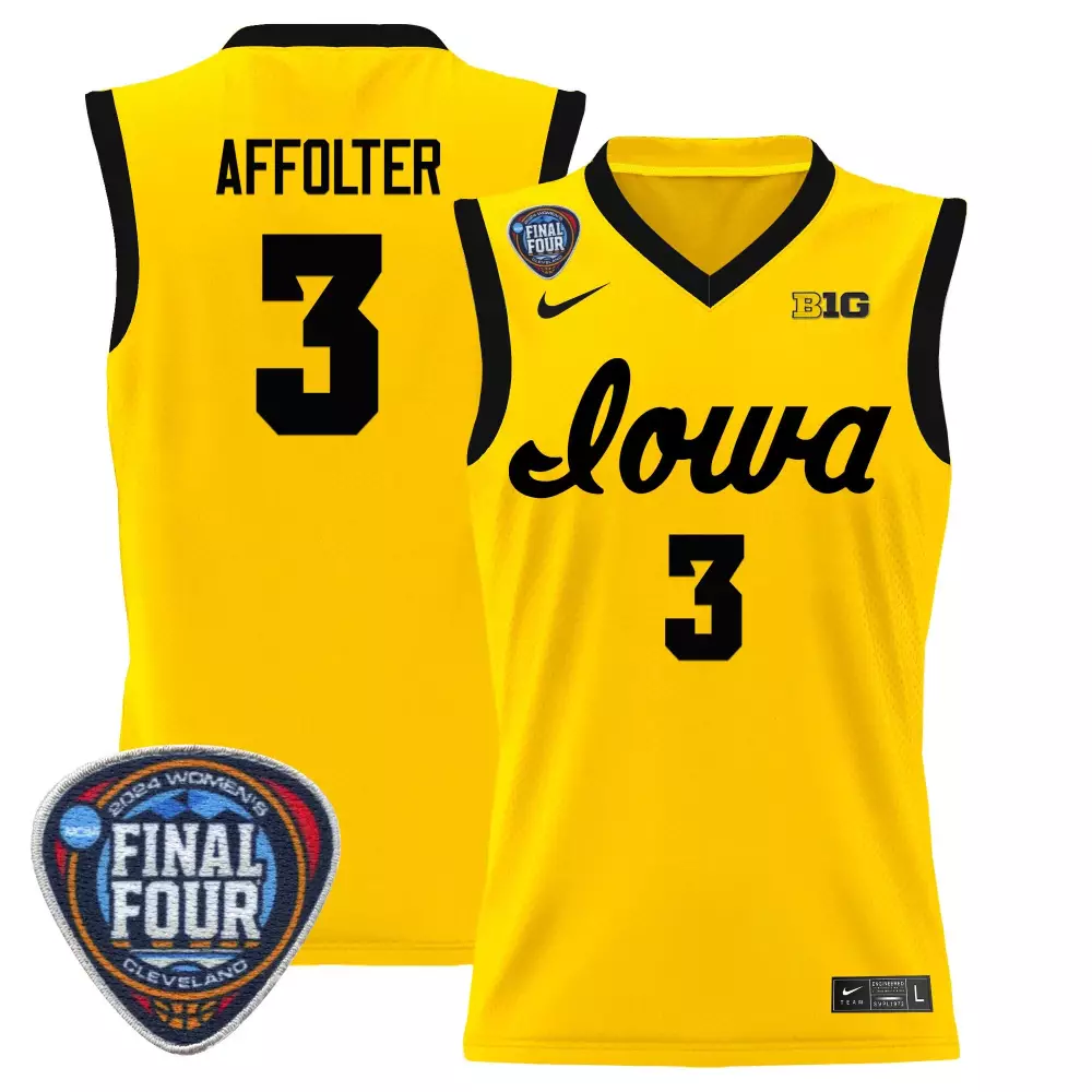 Sydney Affolter 3 Iowa Jersey Yellow Final Four 2024 Women Black All Stitched