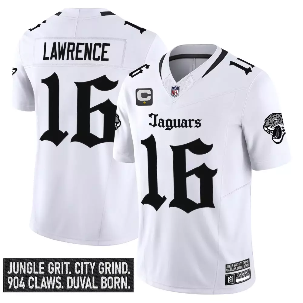 Trevor Lawrence 16 Jaguars Jersey White City Connect Captain Men NFL Black Stitched