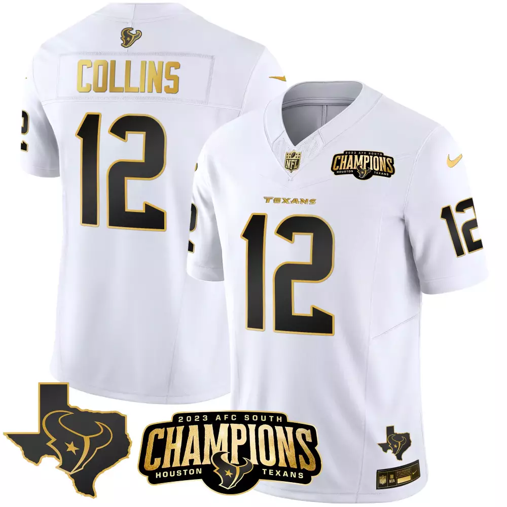 Nico Collins 12 Texans Jersey White 2023 AFC South Champions Men Black Gold Vapor