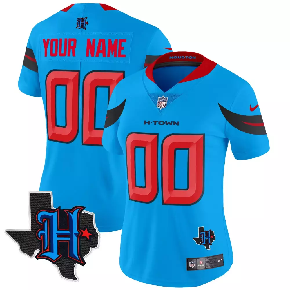 Custom Houston Texans Jersey Bright Blue H-town Texas Shape Women Red Black All Stitched