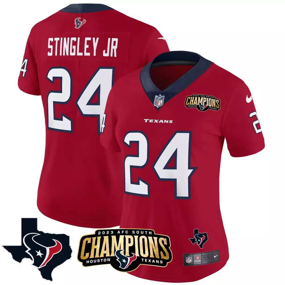 Derek Stingley Jr. 24 Texans Jersey Red 2023 AFC South Champions Women Standard Navy Blue