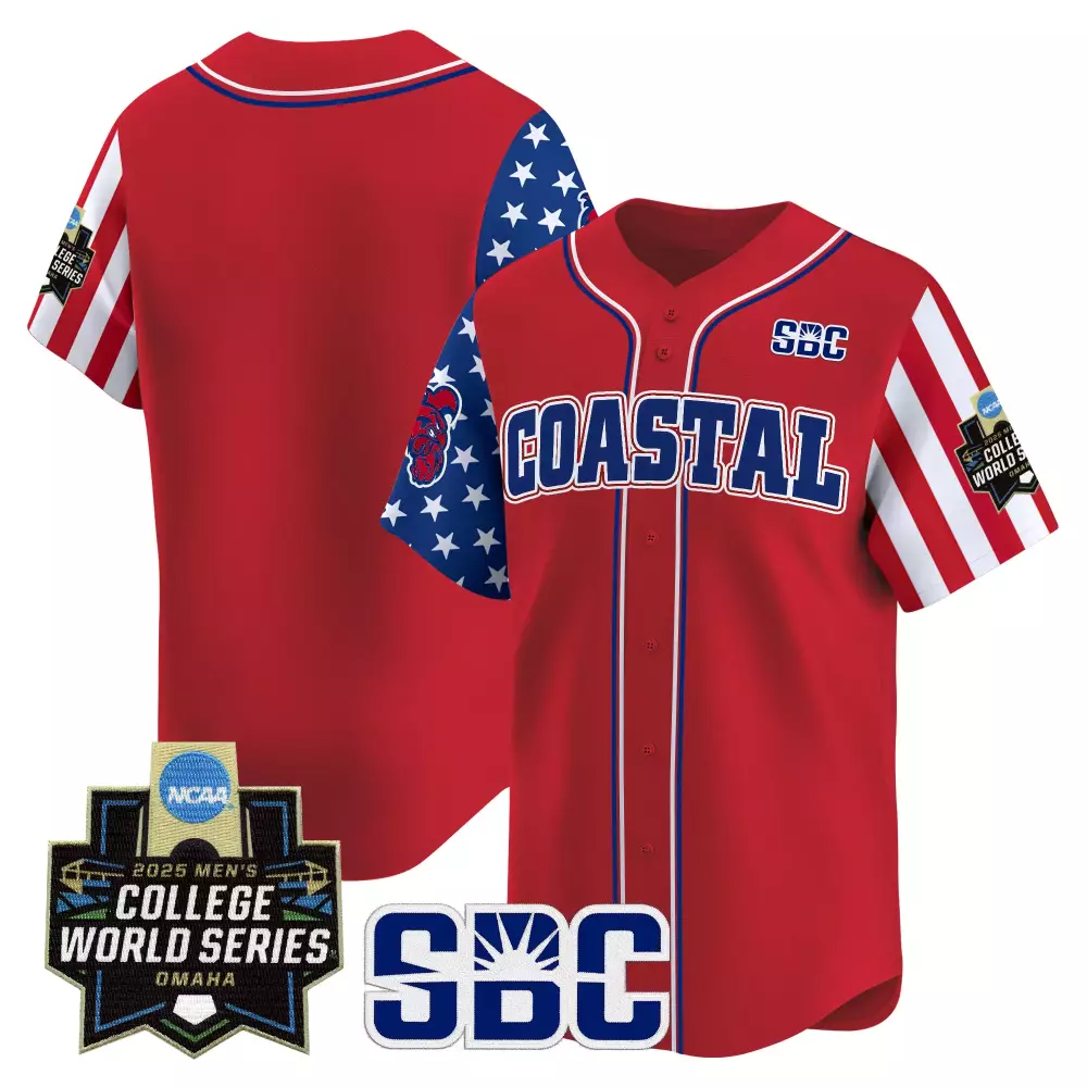 Coastal Chanticleers Jersey Red 2025 Men's College World Series Omaha Men Split Design