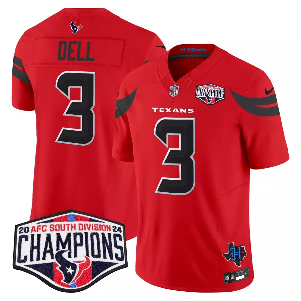 Tank Dell 3 Texans Jersey Red AFC South Division Champions Men Replica Black White