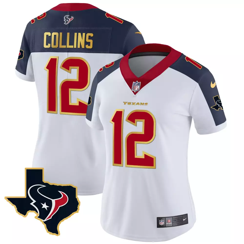 Nico Collins 12 Houston Texans Jersey White Women Alternate Split Design Navy Red