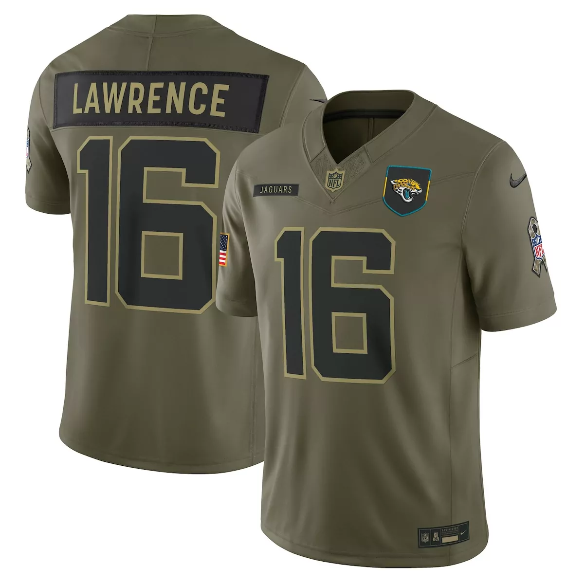 Trevor Lawrence 16 Jaguars Jersey Olive Green Salute To Service American Flag Men