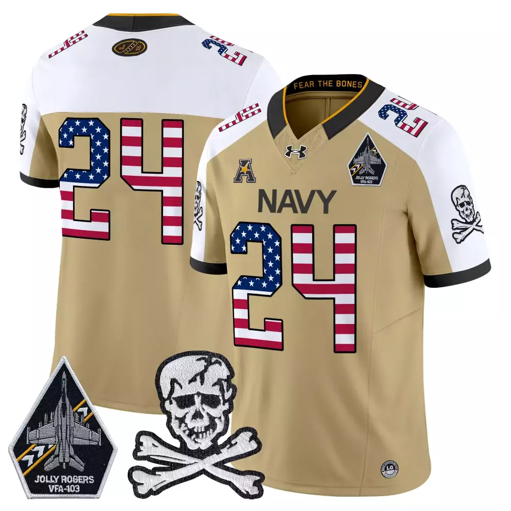 Custom Navy 24 Jersey Gold Fear The Bones Jolly Rogers VFA-103 Skull Crossbones 2023