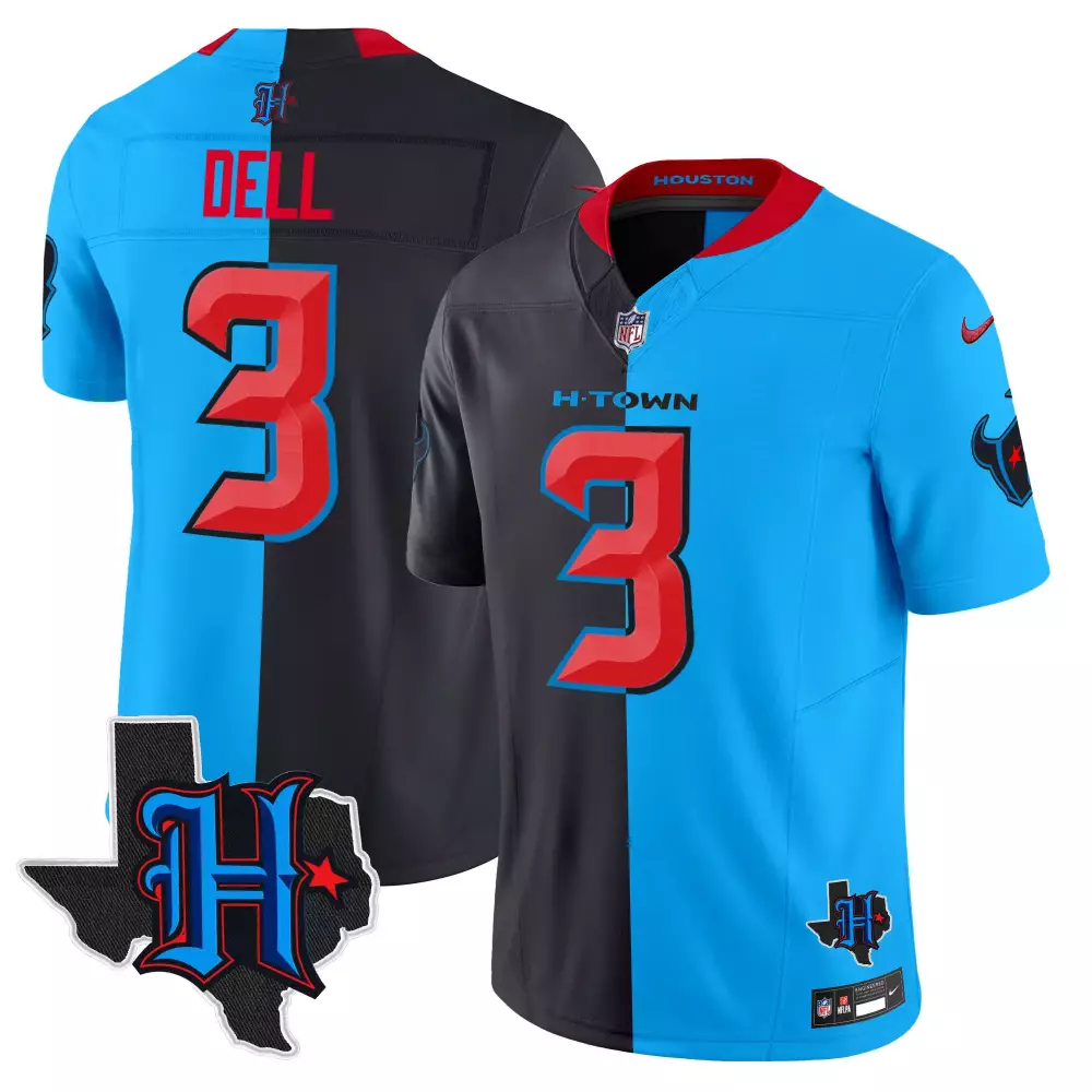 Tank Dell 3 Houston Texans Jersey Blue H-town Texas 2023 Men Split Design Black Red