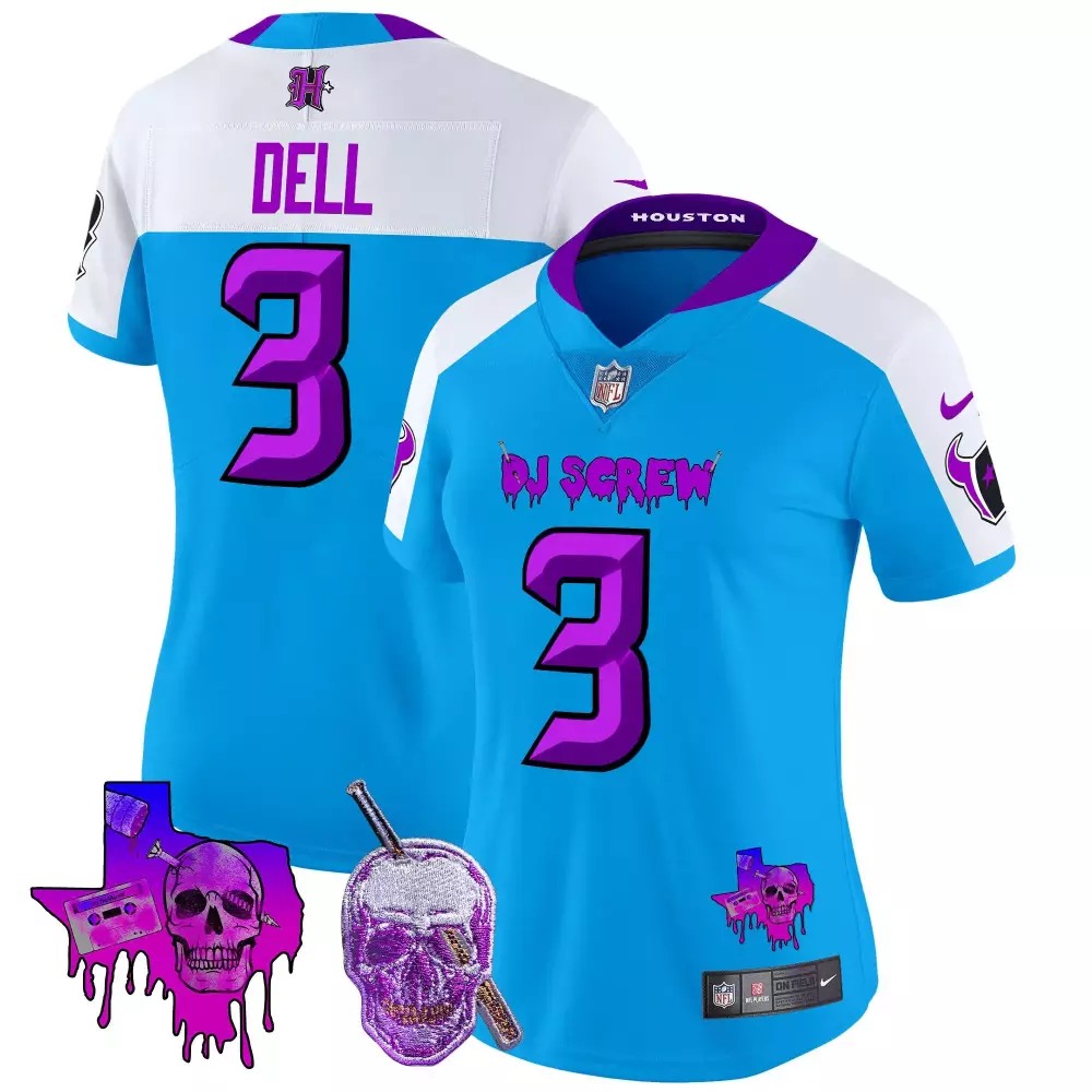 Tank Dell 3 Houston Texans Jersey Sky Blue Dj Screw Skull Cassette Tape Bat Men Alternate
