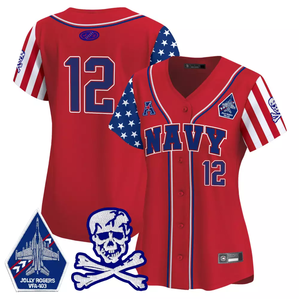 Jolly Rogers 12 Navy Jersey Red VFA-103 Skull Crossbones Women Blue White Vapor Embroidered
