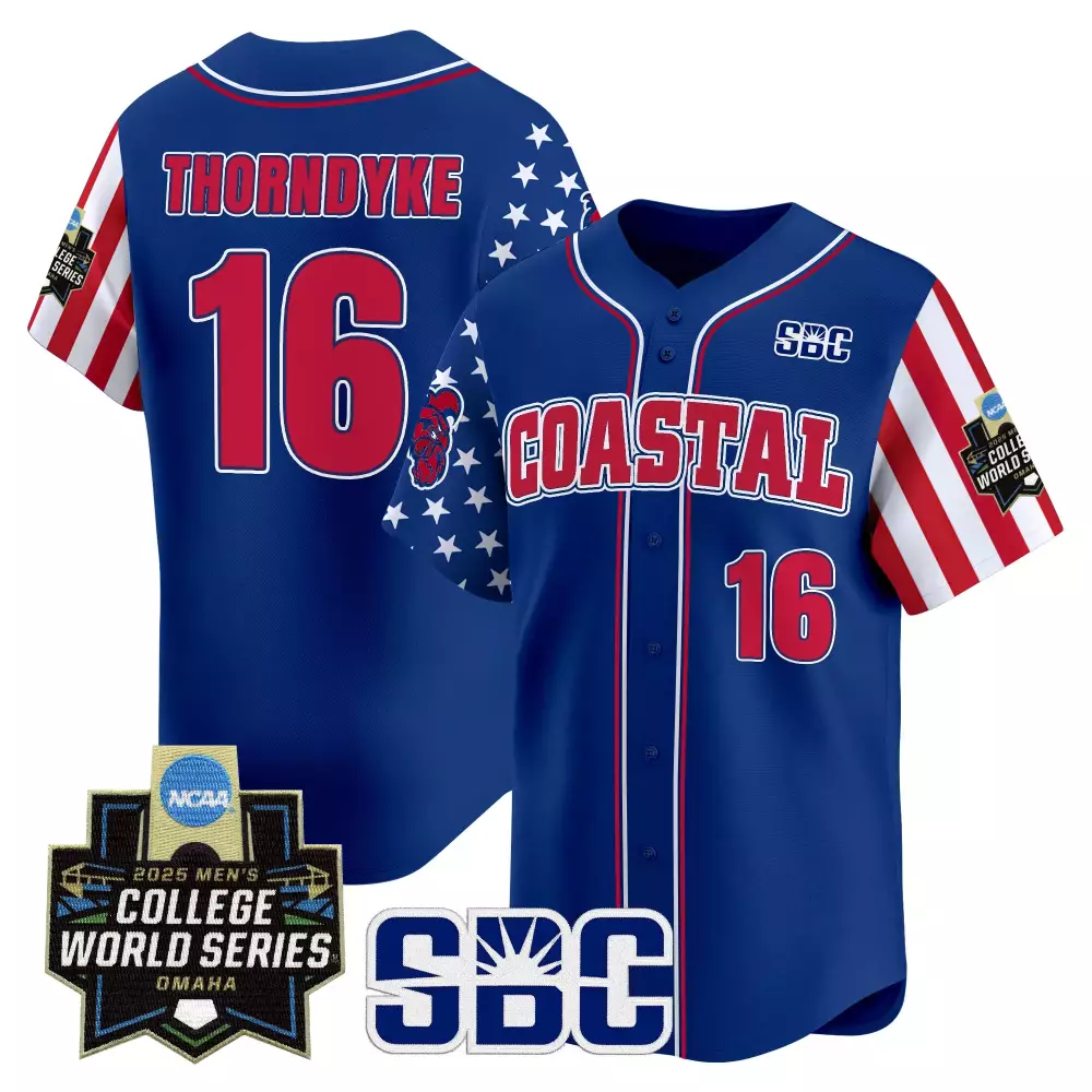 Thorndyke Coastal 16 Jersey Blue Ncaa College World Series 2025 Men Red White Stitched
