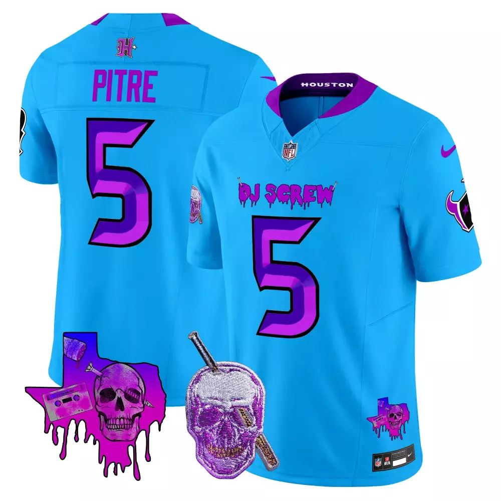 Jalen Pitre 5 Houston Texans Jersey Light Blue Dj Screw Texas Outline Skull Drink
