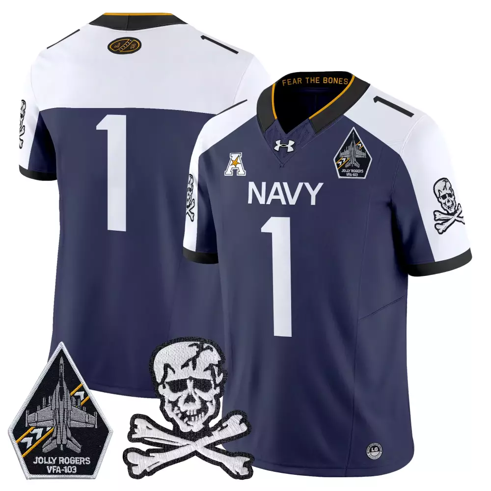 Jolly Rogers 1 Navy Jersey VFA-103 Skull Crossbones White Yellow Vapor All Stitched