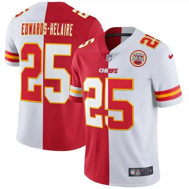Clyde Edwards 25 Chiefs Jersey Red Men Split Design White Yellow Stitched