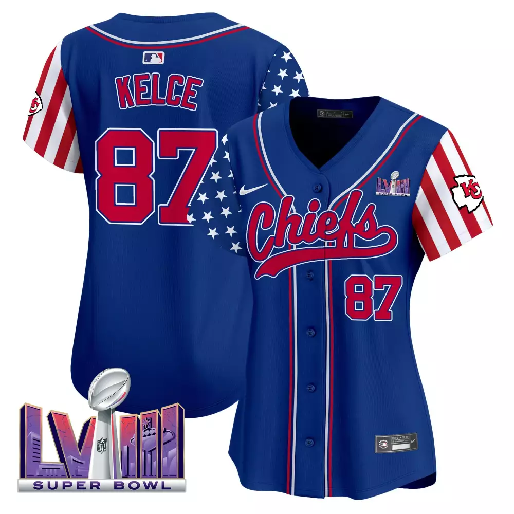 Travis Kelce 87 Jersey Royal Blue Super Bowl Lviii Kansas City Chiefs Men Red White