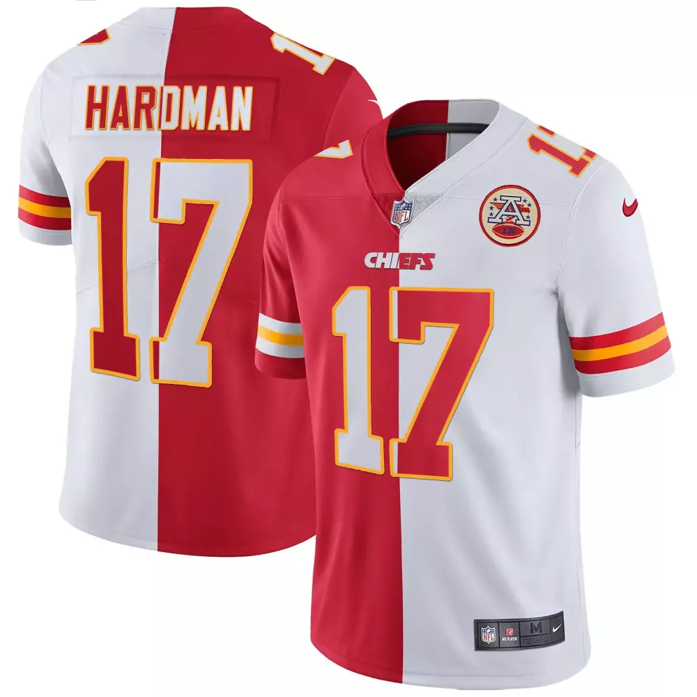 Mecole Hardman 17 Chiefs Jersey Red Men Split Design White Gold All Stitched