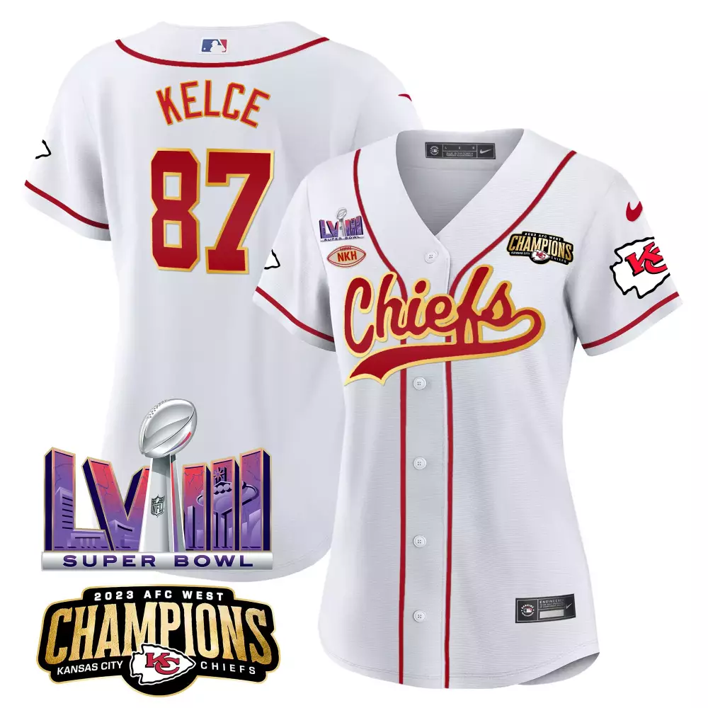 Travis Kelce 87 Chiefs Jersey White Super Bowl Lvii Champions 2023 AFC West Nkh Women