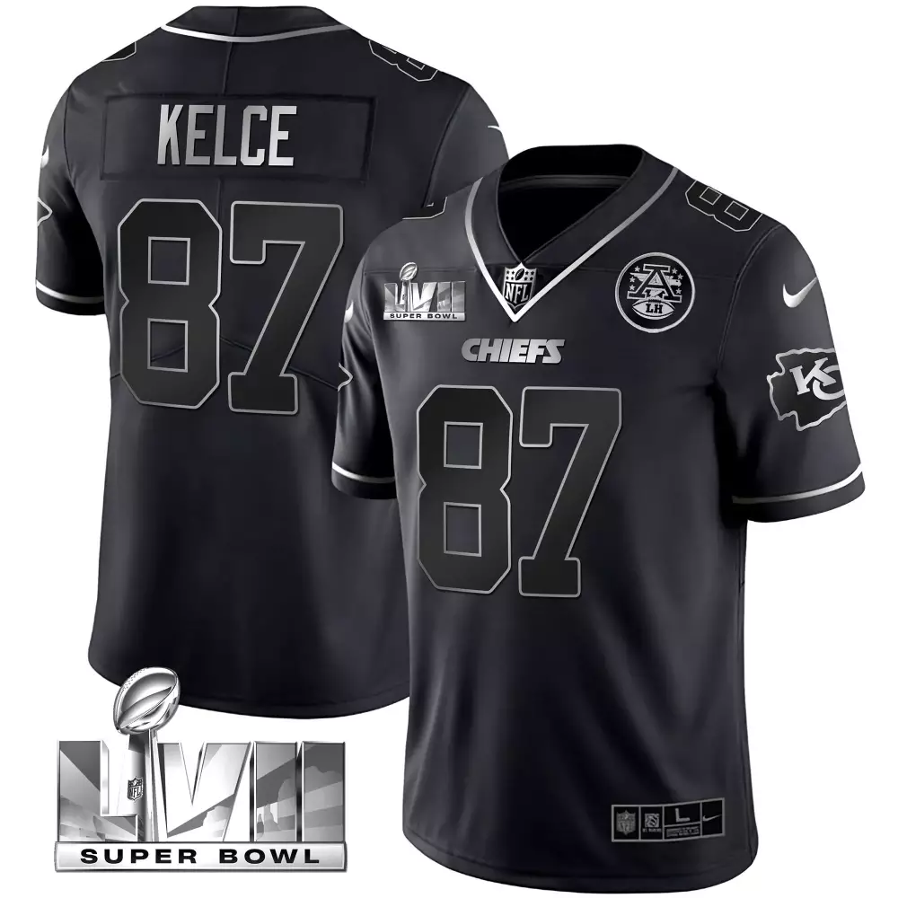 Travis Kelce 87 Chiefs Jersey Black Super Bowl Lvii Men Player Silver All Stitched