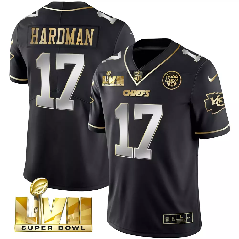 Mecole Hardman 17 Chiefs Jersey Black Super Bowl Lvii Men Gold Silver All Stitched