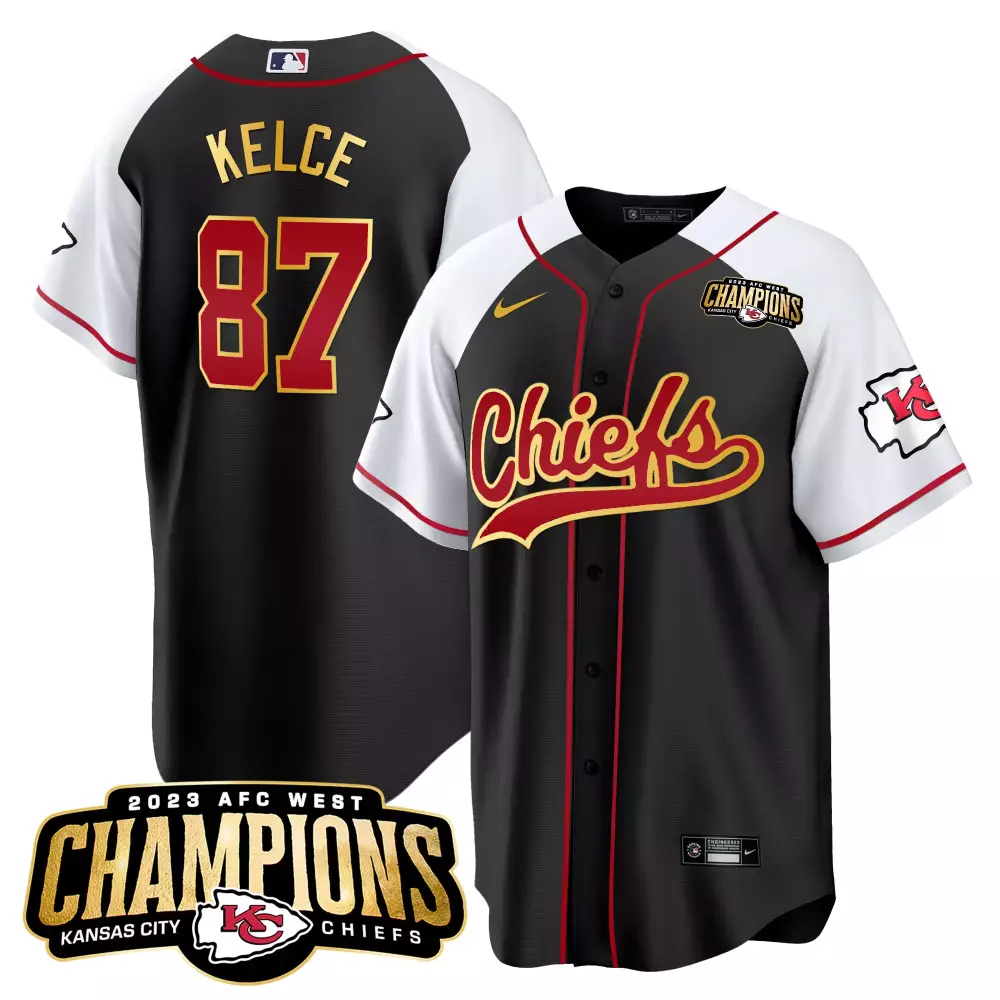 Travis Kelce 87 Jersey Black 2023 AFC West Champions Kansas City Chiefs Men Split Design