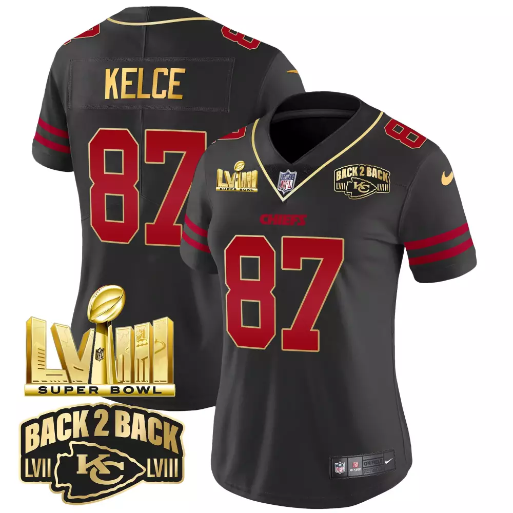 Kelce Lvii 87 Chiefs Jersey Black Super Bowl Lviii Champions 2023 Men Replica Alternate