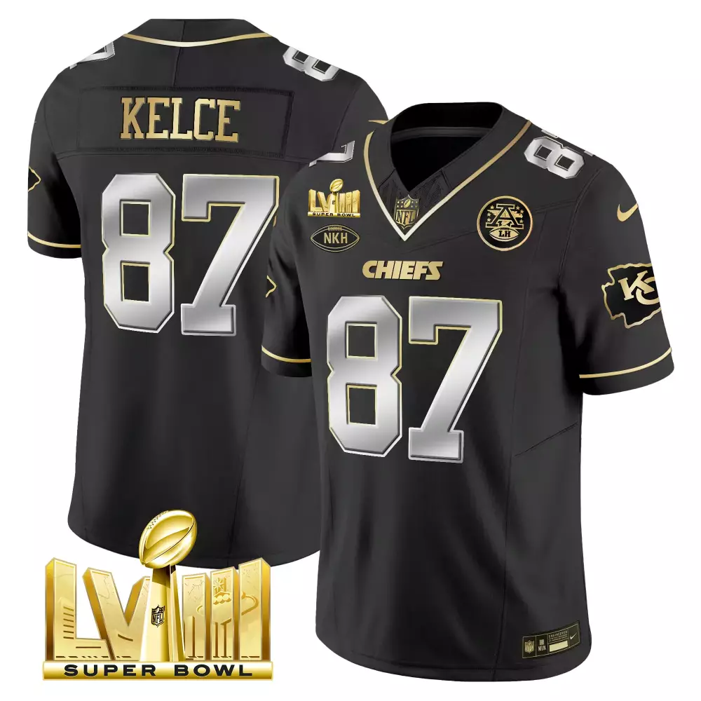 Travis Kelce 87 Chiefs Jersey Black Super Bowl Lviii Men Gold Silver All Stitched