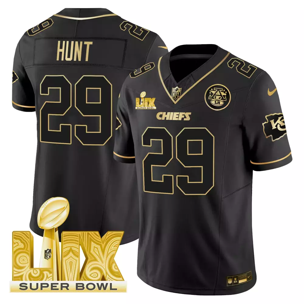 Kareem Hunt 29 Chiefs Jersey Black Super Bowl Lix Men Gold Vapor Limited All Stitched