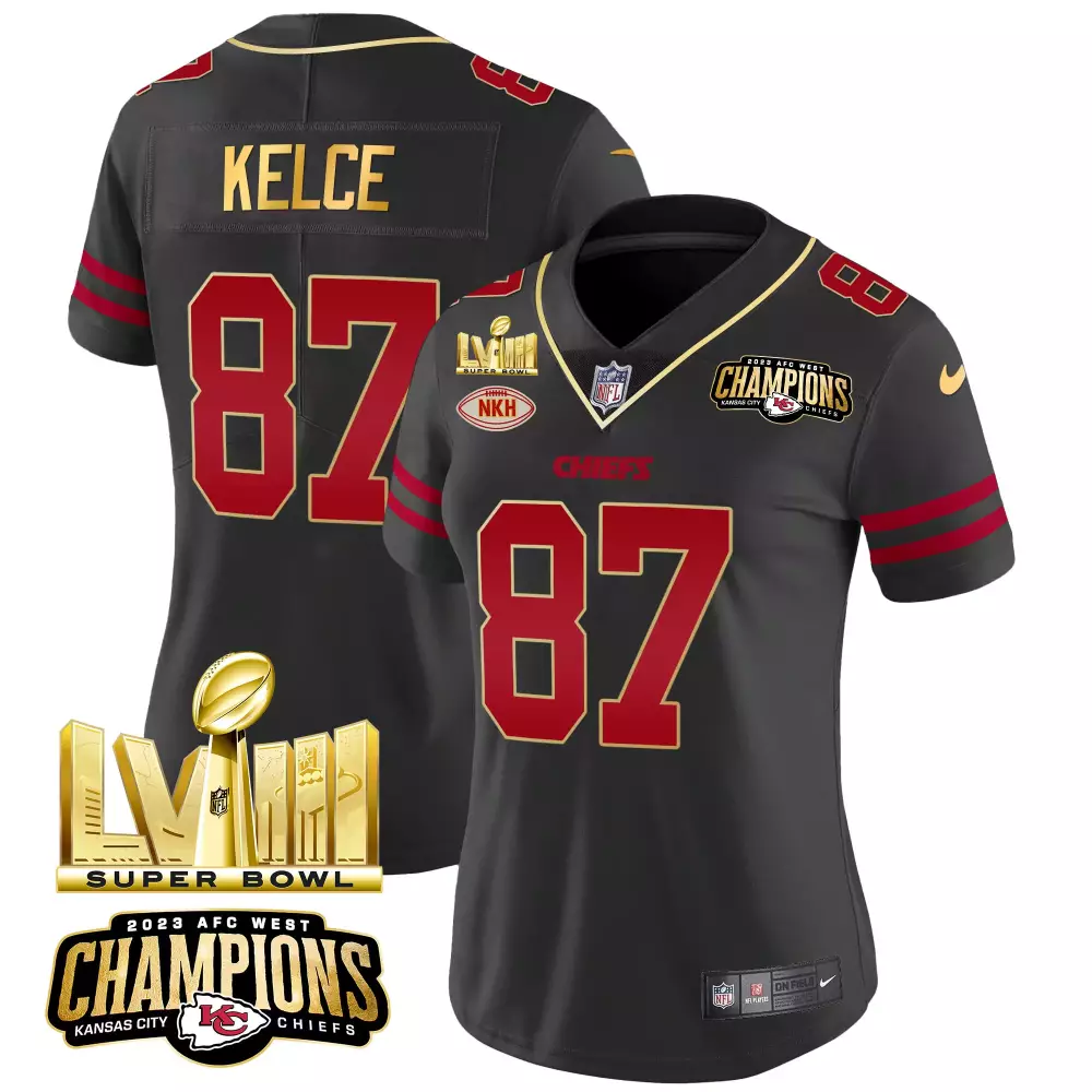 Travis Kelce 87 Chiefs Jersey Black Super Bowl Lvii Champions 2023 AFC West Women