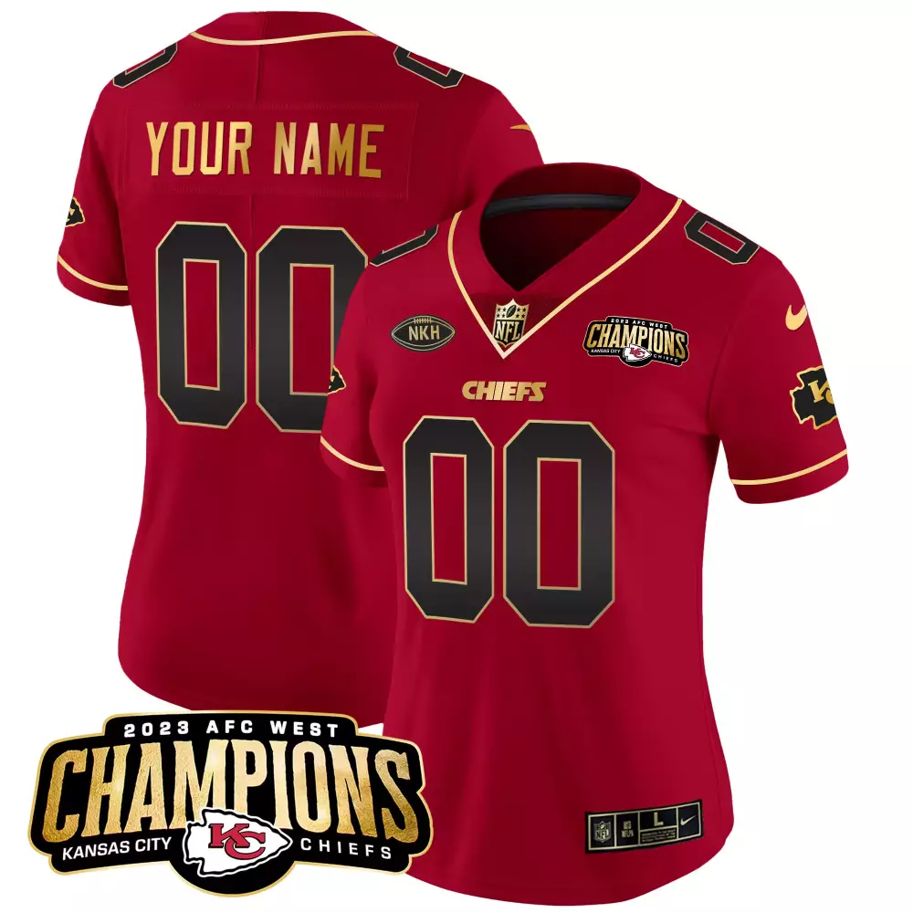 Custom Chiefs Jersey Red 2023 AFC West Champions Nkh Men Black Gold All Stitched