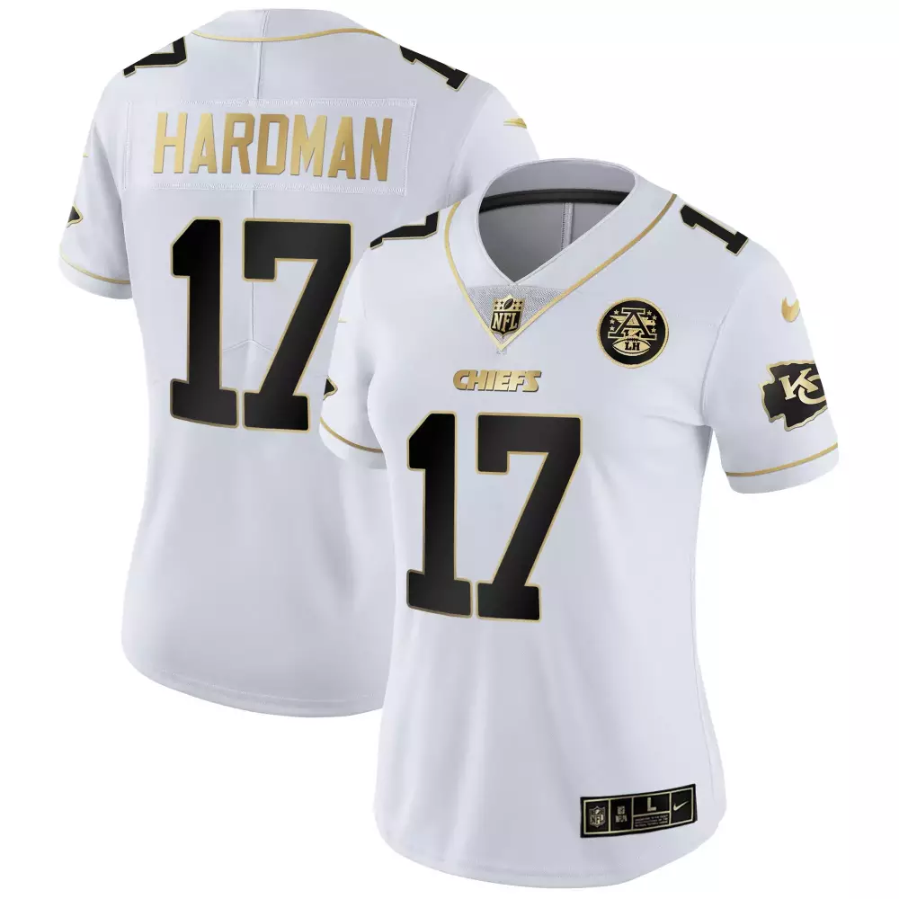 Mecole Hardman 17 Chiefs Jersey White NFL 100 Men Player Black Gold All Stitched