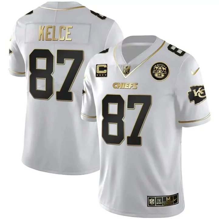 Travis Kelce 87 Chiefs Jersey White Super Bowl Lviii Liv Champions Men Gold Black