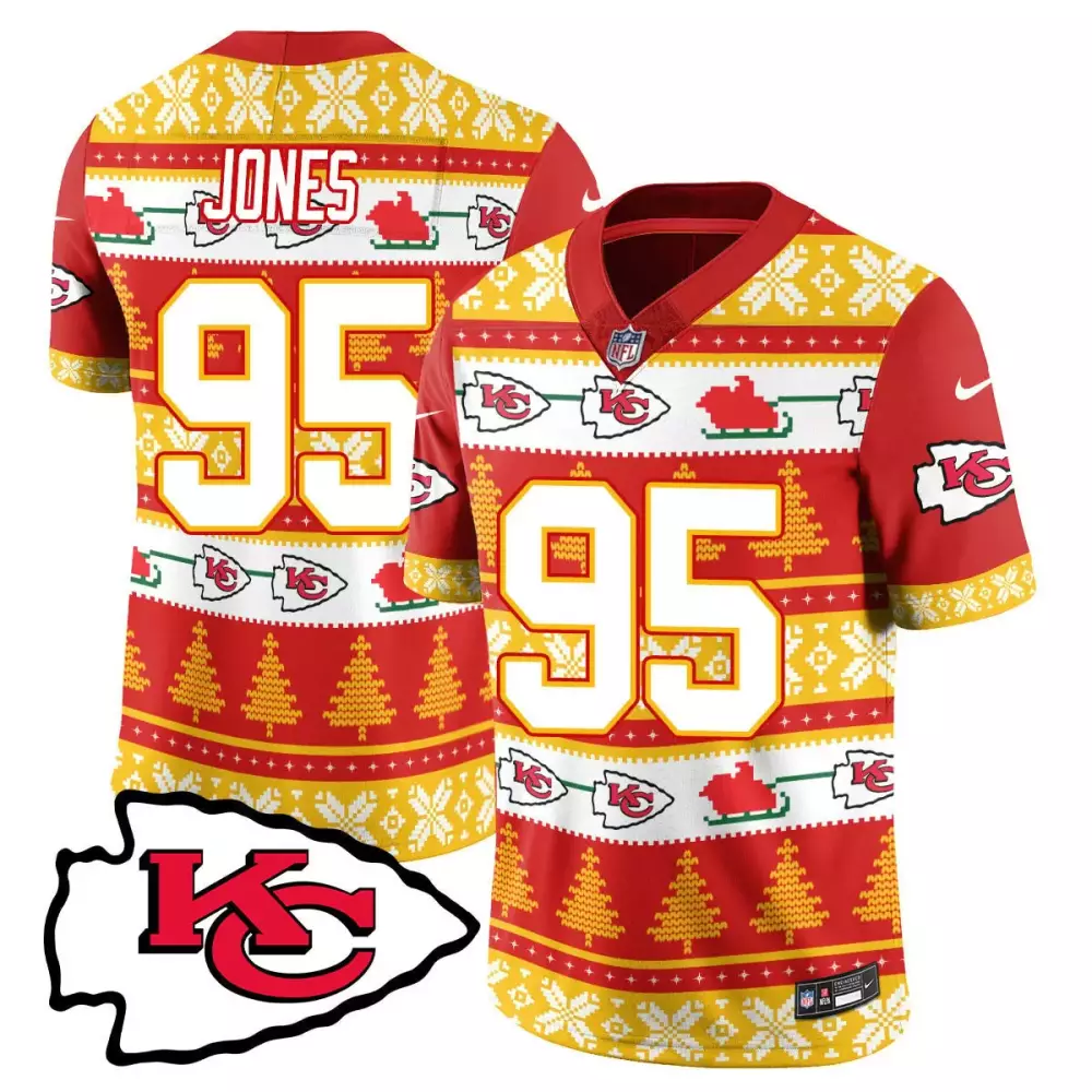 Chris Jones 95 Kansas City Chiefs Jersey Red Ugly Sweater Men Custom Design Yellow